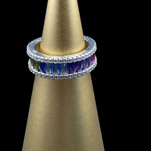 Rainbow Baguette Eternity Ring Silver Plated Size 6 Pride Y2K Bling Statement Gi - Picture 4 of 9